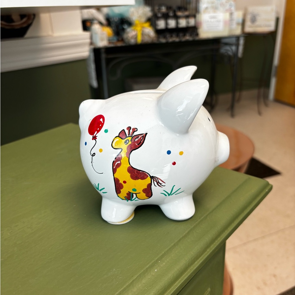 Hand Painted White Piggy Bank with Giraffe & Elephant Design